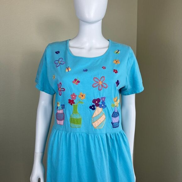 Michael Simon Lite Women's Size M Blue Cotton Floral Embroidered Maxi Dress VGT - Picture 4 of 13